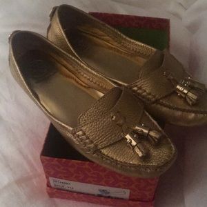Tory Burch gold loafers